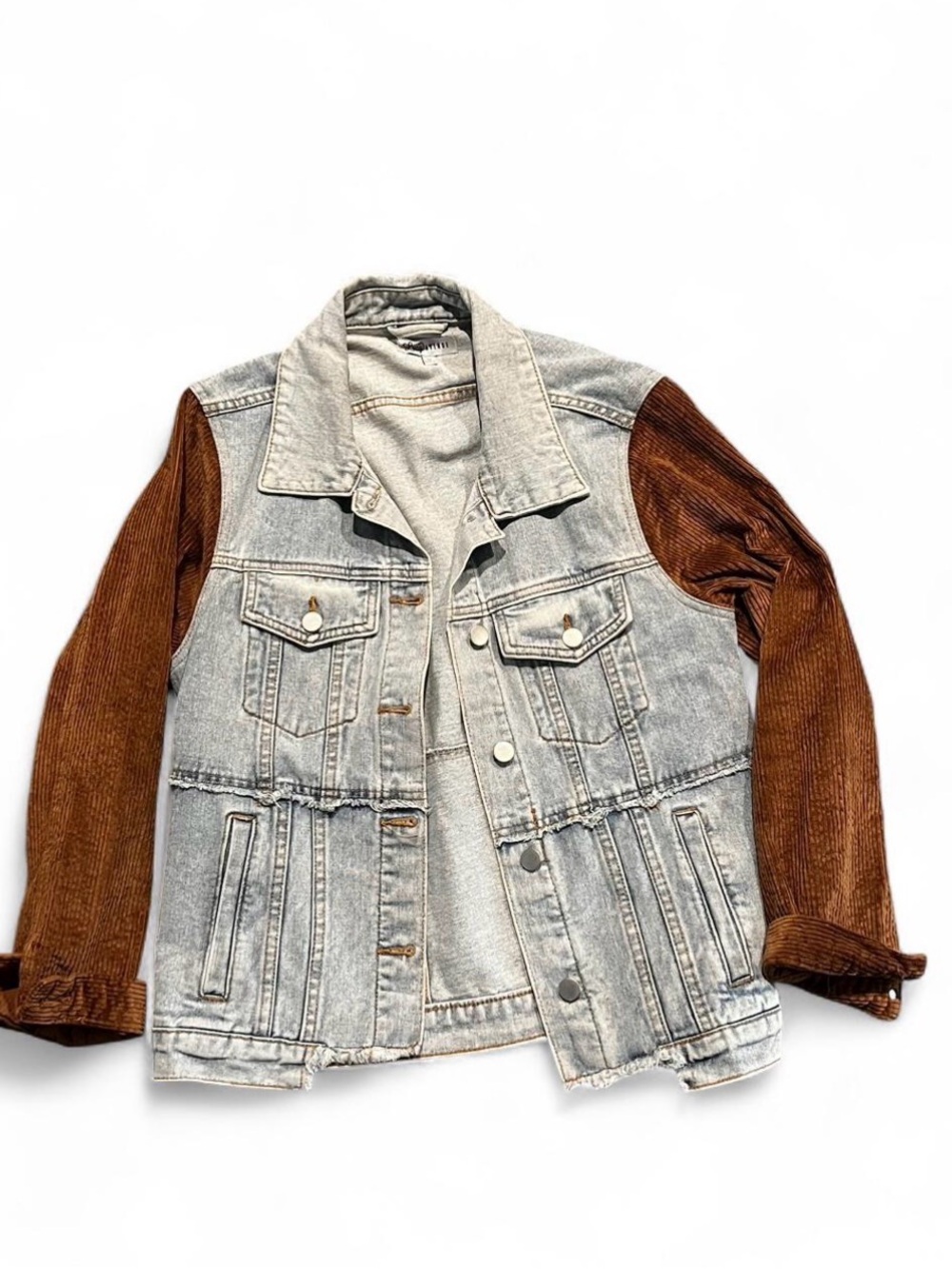 Light Wash Denim Jacket with Brown Corduroy Sleeves
